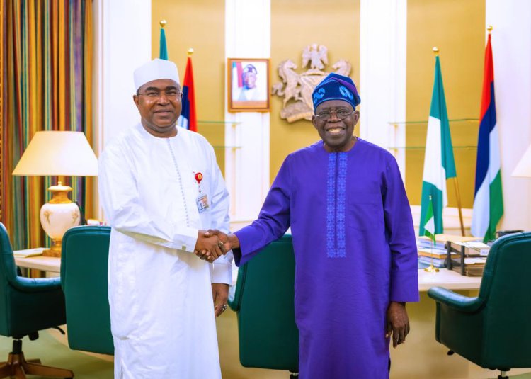 President Bola Ahmed Tinubu in a handshake with the Chairman/ Chief Executive Officer of the National Drug Law Enforcement Agency, NDLEA, Brig. Gen. Mohamed Buba Marwa (Retd) at the presidential villa in Abuja