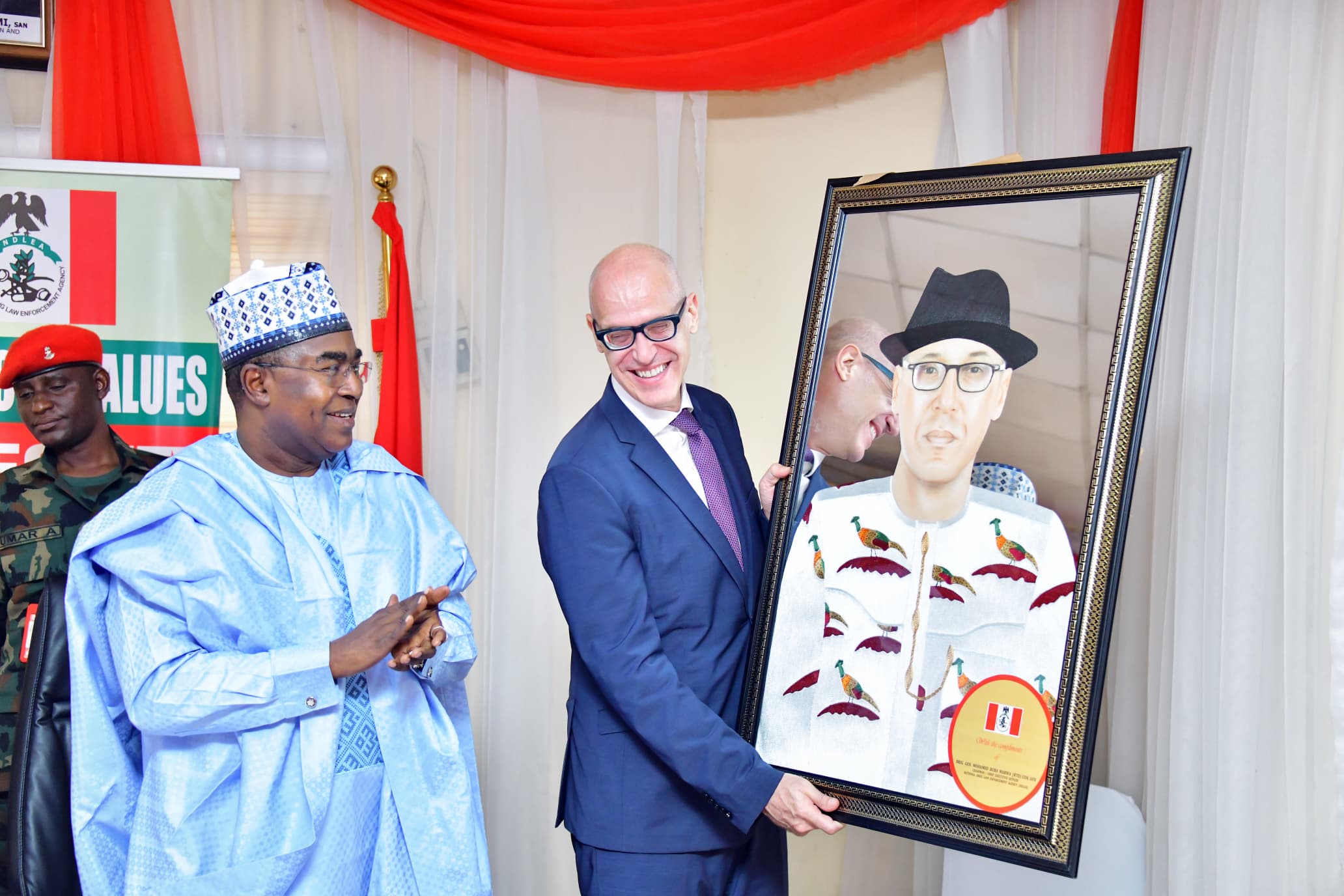 Photos: Chairman/CEO of NDLEA, Brig. Gen. Mohamed Buba Marwa (Rtd) CON, OFR,  alongside top officials of the agency receives the outgoing UNODC Country Rep ....